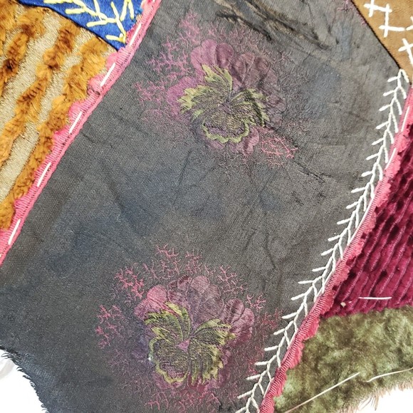 Antique Crazy Quilt 11" Square Block Flannel Backing Velvet Satin Embroidery - Picture 9 of 13